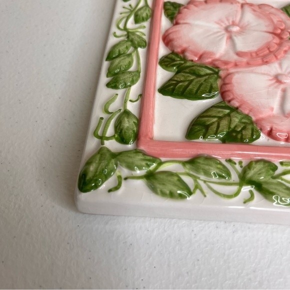 Vintage Treasure Craft Pink Green Floral Trivet Decor Wall Art Ceramic Tile - Picture 9 of 14
